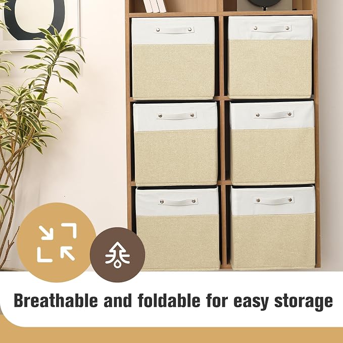 FinishingBo 13x13x13 Storage Cube Bins 4 Pack, Cube Shelf Baskets | Foldable Storage Cubes, Linen Storage Bins with Handles, Closet Organizers, White/Khaki