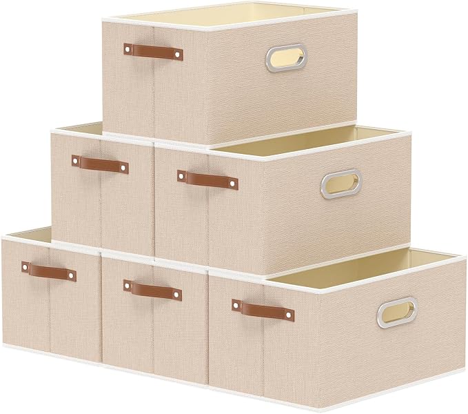 Yawinhe Collapsible Fabric Storage Bins,15.0x9.8x8.3in,Beige,6-Pack | Foldable Storage Baskets for Shelves, Closet Boxes for Organization, Washable Closet Organizer for Towels, Canvas Bins