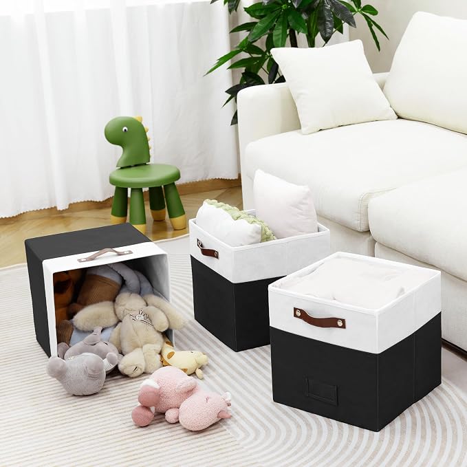 FinishingBo 13 inch Storage Bins with Labels 6 Pack | PU Leather Handles, Foldable Storage Cubes, Storage Baskets, Closet Storage, White/Black