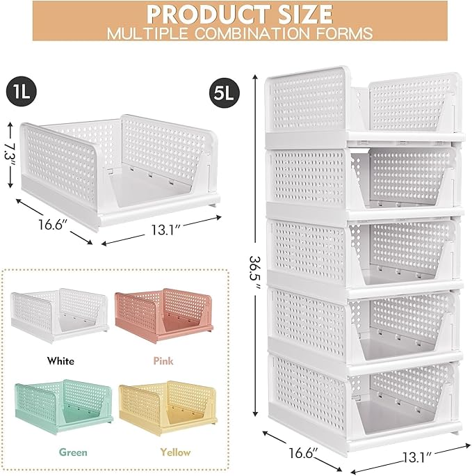 caktraie 8 Pack Stackable Closet Storage Basket - Stackable Storage Bins | Multifunctional & Foldable Closet Organizer Waterproof, Wardrobe Cupboard Space-Saving Storage Drawer Organizer