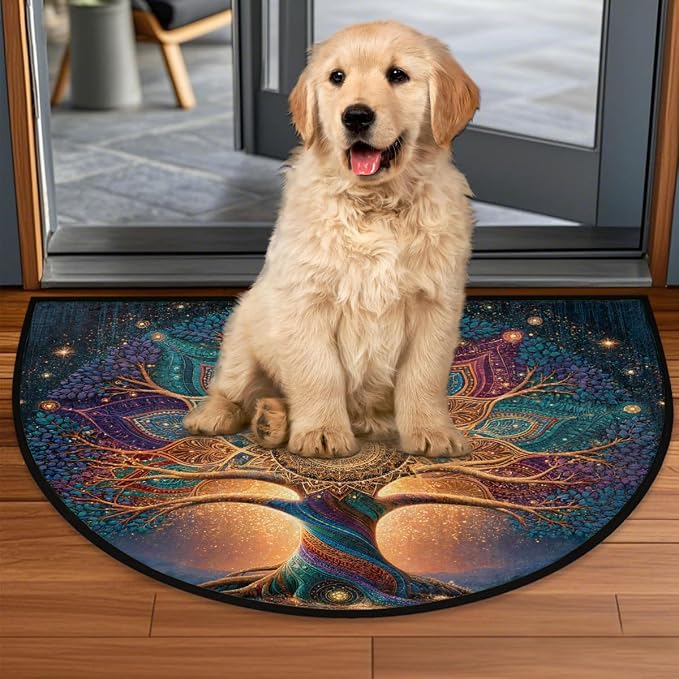 Tree Half Round Door Mat Semi Circle Rug Half Moon Doormat | Soft Washable Mandala Colorful Welcome Entrance Mat for Outdoor Indoor Floor Bedroom Bathroom Home Kitchen Festival Decor