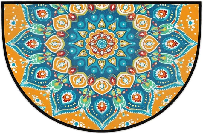 cfpolar Half Round Door Mat Semi Circle Non-Slip Bathroom Floor Rug, Ethnic Mandala Outdoor Welcome Entrance Way Mat Indoor Absorbent Kitchen Mat for Bedroom,Patio,Garage,Home 36" x 24"