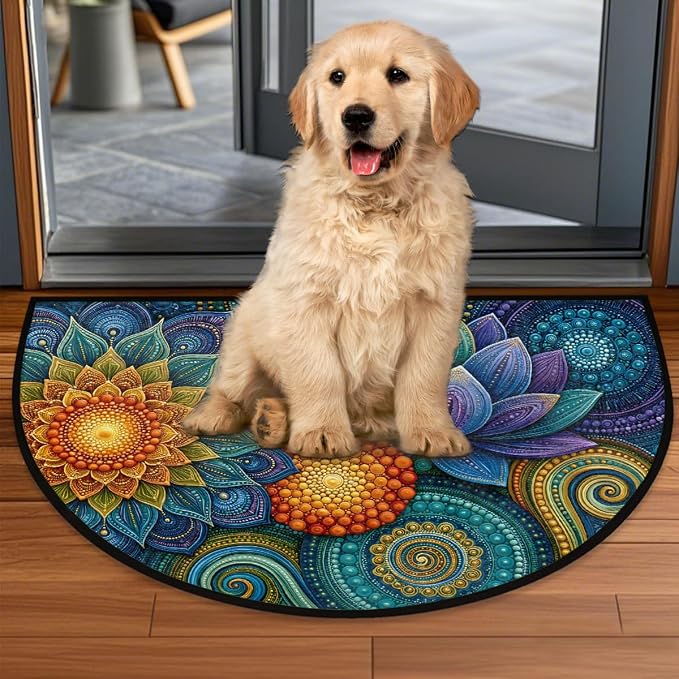 Flower Half Round Door Mat Semi Moon Rug Fireplace Carpet Area Rugs | Colorful Ornate Non Slip Absorbent Half Circle Mat Carpet for Indoor Outdoor Patio Kitchen Bathroom Entryway Home Decor