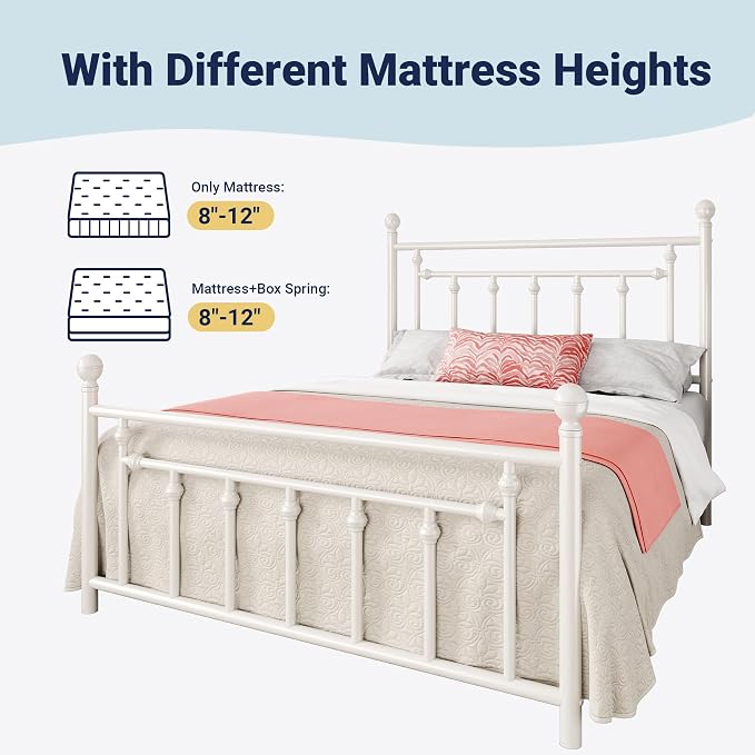Allewie 14'' Full Size Metal Platform Bed Frame, Vintage Headboard, White | 50'' Tall Victorian Headboard/Footboard/Mattress Foundation/Under Bed Storage/No Box Spring Needed/Easy Assembly/Noise Free