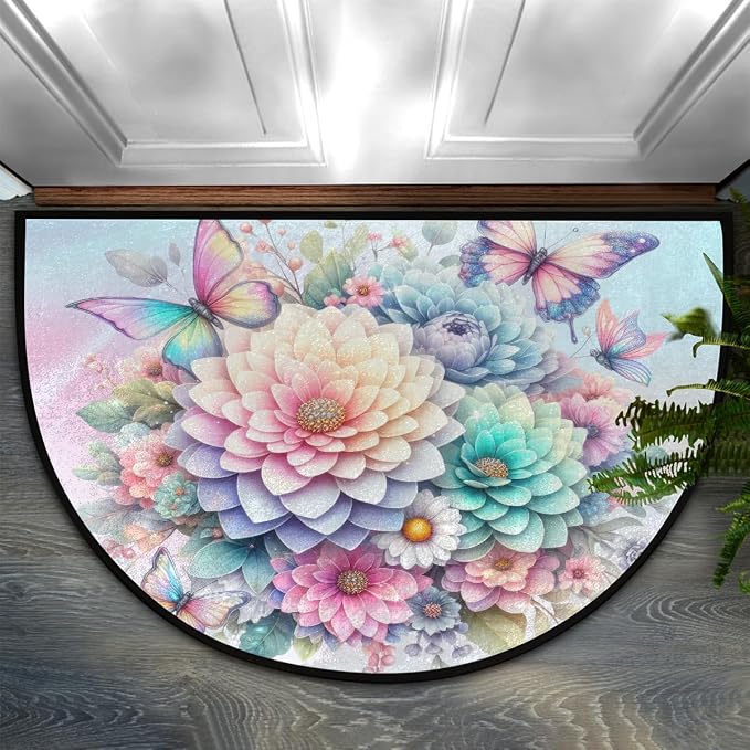 Butterfly Half Round Door Mat Non Slip Half Circle Rugs | Flower Animal Washable Half Moon Rug Semi Circle Rugs Indoor Entrance Floor Carpet for Kithen Bedroom Fireplace Decor