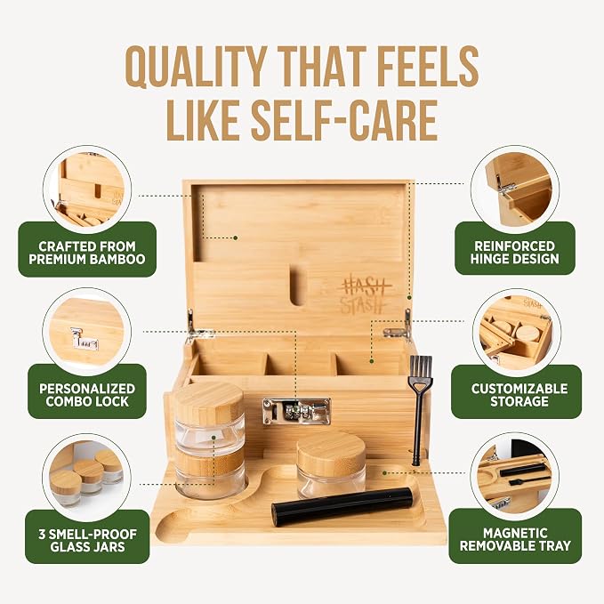 The OG Storage Box - Large Bamboo Box with Combination Lock, Magnetic Lid, Organizer Tray, Airtight Tube and 3 Smell-Proof Jars - Discreet Decorative Locking Wooden Box with Accessories (Wood/Silver)