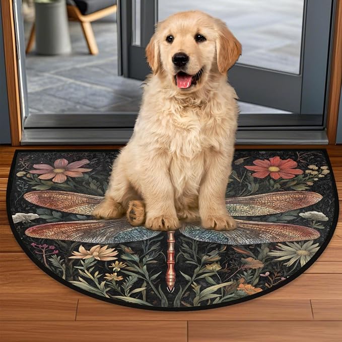 Dragonfly Half Round Door Mat Outdoor Doormat Bedroom Entrance Rug A18 | Dragonfly Flower Floral Semi Moon Door Mat Non-Slip Absorbent Kitchen Rug Indoor Welcome Bath Mat 36" X 24"