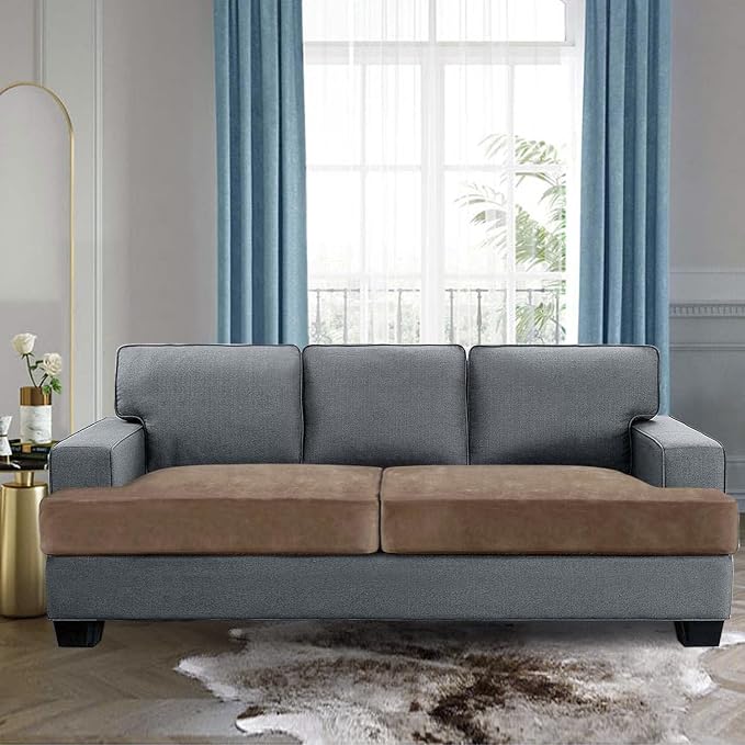 H.VERSAILTEX Stretch Velvet 2 Piece T Cushion Sofa Slipcovers - Individually Fitting Cushion Covers for 2 Cushion Couch - Stay in Place (Camel)