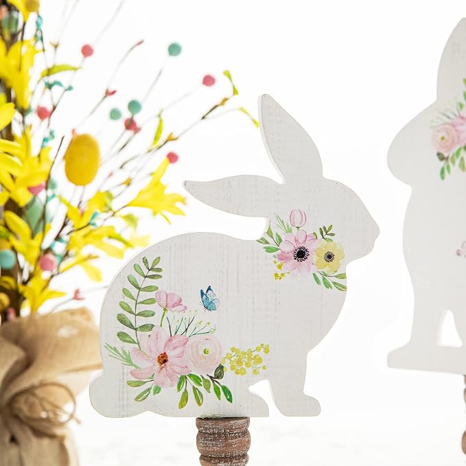 Glitzhome Set of 2 Hand Painted Easter Signs Wooden Bunny Table Decor, Multi-Color