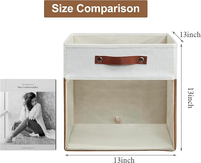 Bagnizer Storage Cubes, 4 Pack Linen Foldable Storage Bins (13 x 13 inch) with Clear Window and Handles, Fabric Organizer for Shelf Closet, Clothes, Books - (Brown and White)