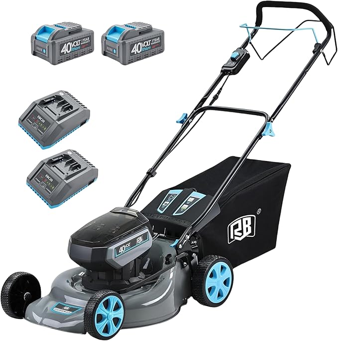RB 80V 18" Cordless Lawn Mower with 2x40V 4Ah Battery & Fast Charger | 7 cutting heights. Brushless motor & low noise. 4-in-1 function (Mulching, rear discharge, side discharge, and bagging)