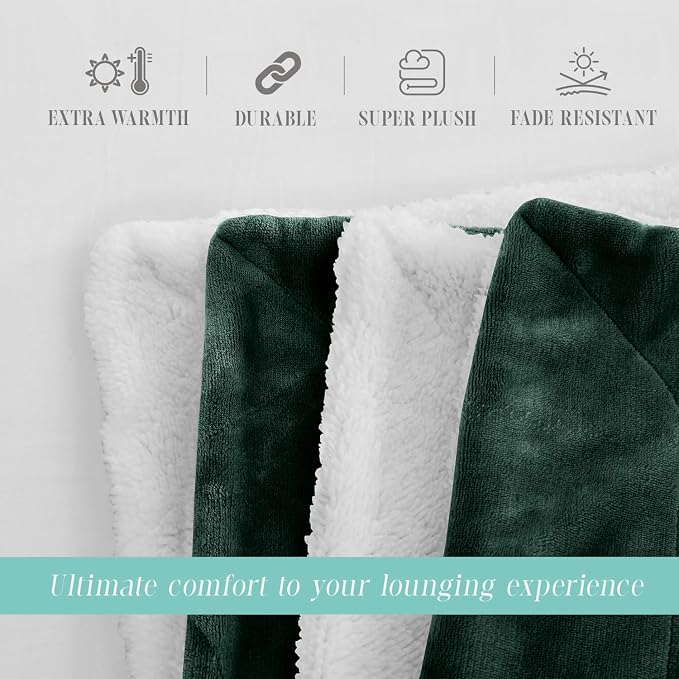 Elegant Comfort Throw Blanket, Reversible Sherpa Flannel, Ultra-Soft, Fuzzy, Cozy and Plush- All Season Lightweight Decorative Throw, 50 x 60 inches, Solid Sherpa Throw, Hunter Green