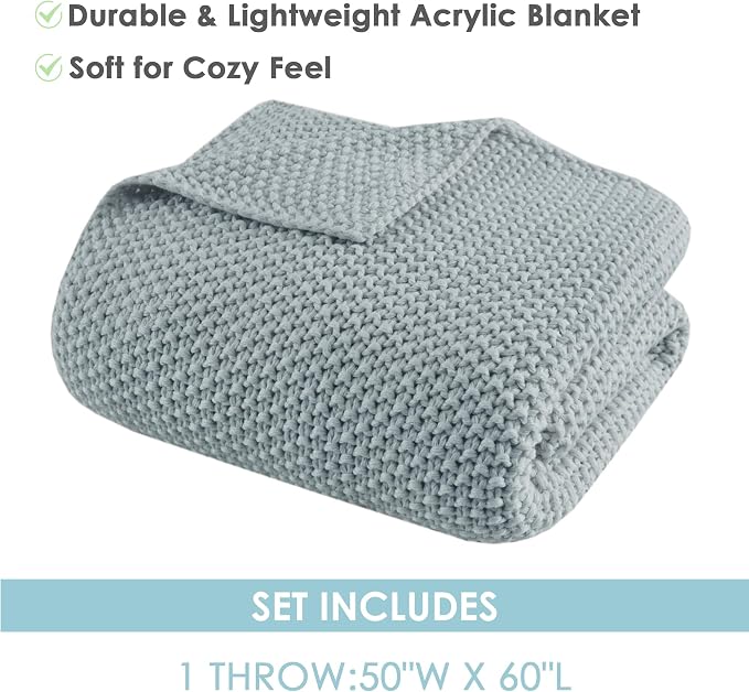 INK+IVY Bree Knit All Season Throw Blanket for Sofa, 50 x 60, Light Blue | Ultra Soft, Acrylic, Lightweight, OEKO-TEX Certified