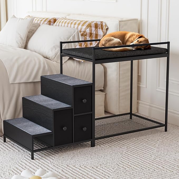 LEMBERI Pet Bunk Bed with Stairs and Storage, Dogs/Cats Window Perch, Bedside Lounge Elevated Dog Bed Multi-Level Platform with Foam Upholstery (Black)