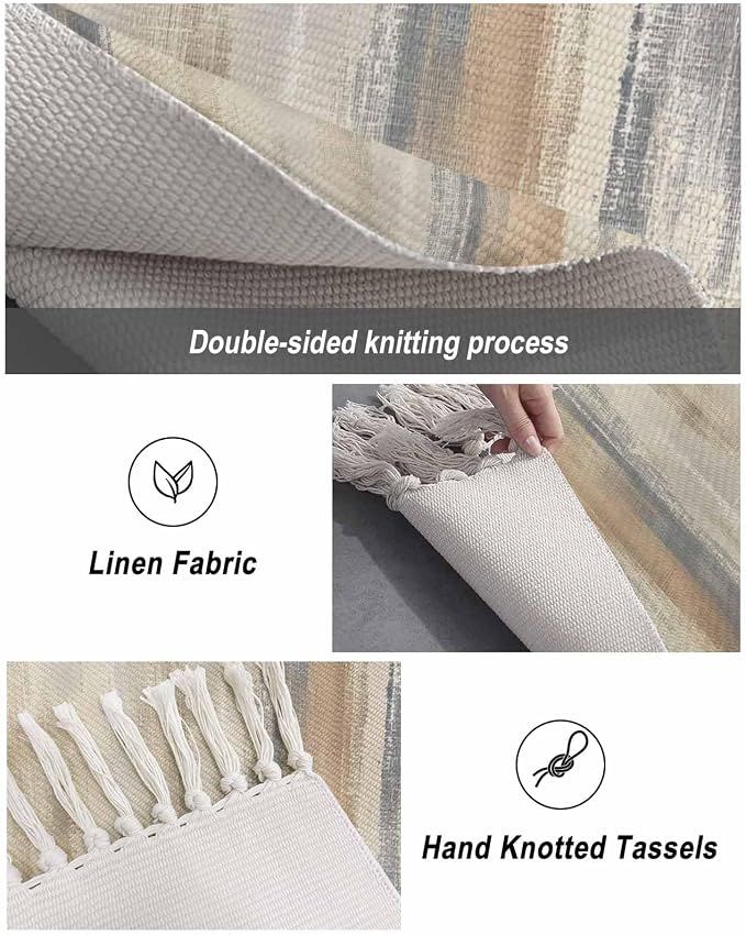 Beige Gray Brown Hallway Runner Rug 2X6 Ft Kitchen Carpet, Washable Woven Abstract Ombre Art Throw Carpet with Tassel, Non-Shedding Vintage Minimalist Gradient Aesthetic Bedroom Laundry Rugs