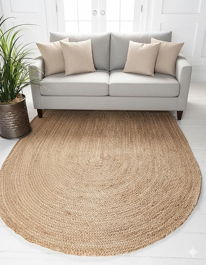 Craft Trade Oval Jute Area Rug, 4x6 Feet, Natural Braided Handwoven Floor Carpet, Reversible Oval Jute Rug for Living Room, Bedroom and Dining Space