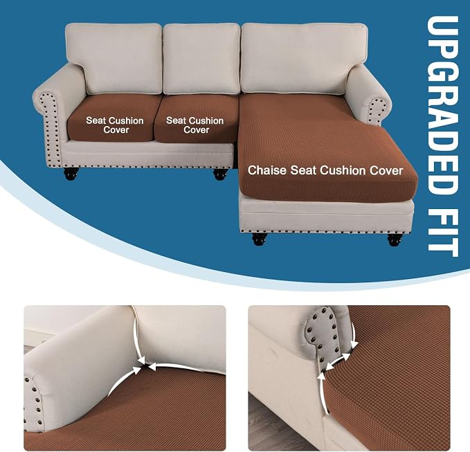 H.VERSAILTEX Sectional Couch Covers 3 Pieces Sofa Seat Cushion Covers L Shape Separate Cushion Couch Chaise Cover for Both Left/Right Sectional Couch (Seat Only: 1 Chaise + 2 Sofa, Caramel)