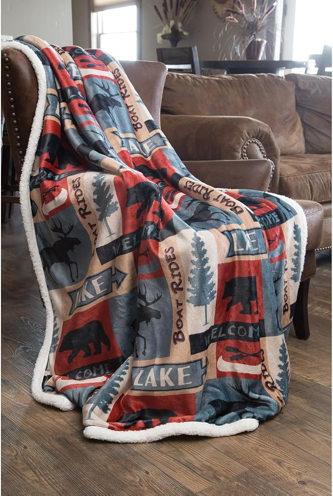 Carstens, Inc. Lake House Rustic Cabin Sherpa Fleece Large Throw Blanket, 54" x 68", Blue
