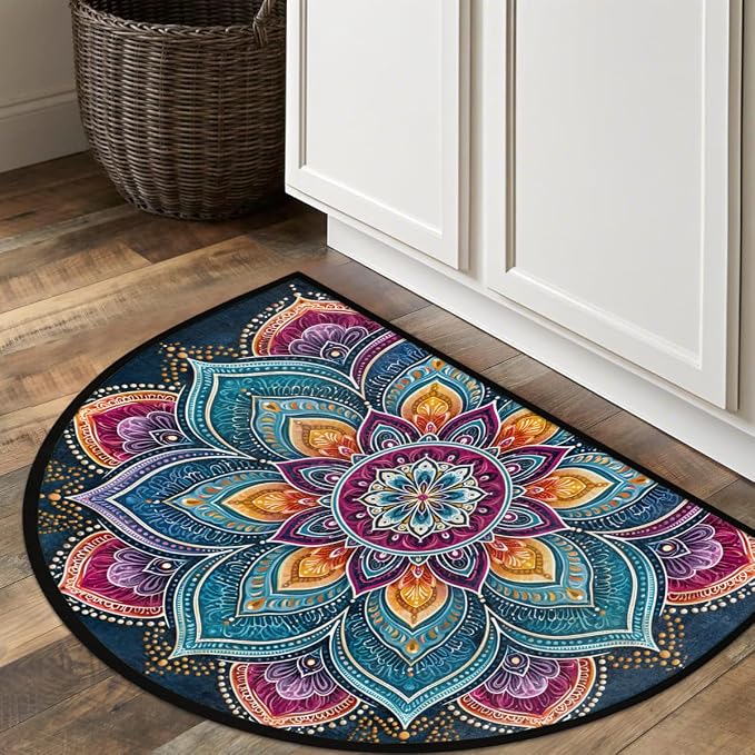 Mandala Half Round Door Mat Semi Moon Rug Fireplace Carpet Area Rugs | Color Art Non Slip Absorbent Half Circle Mat Carpet for Indoor Outdoor Patio Kitchen Bathroom Entryway Home Decor