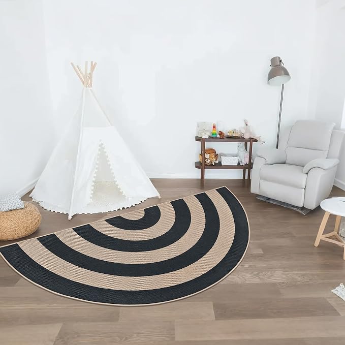 Faux Jute Rug 3x6Ft Half Circle Rainbow Doormat Easy Jute Carpet for Farmhouse Bedroom Kitchen, Non-Slip Half Round Neutral Floor Mat for Living Room Kids Room Indoor Outdoor Decor, Black 2