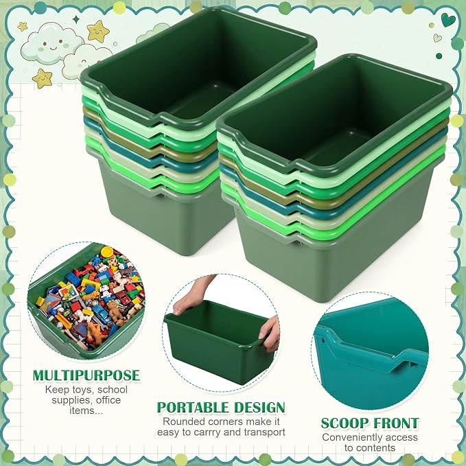 Dandat 32 Pcs Plastic Book Bins for Classroom Library Cubby Bins Scoop Front Stackable Toy Storage Tubs Containers for School Office Home Nursery Playroom Organization (Green Series)