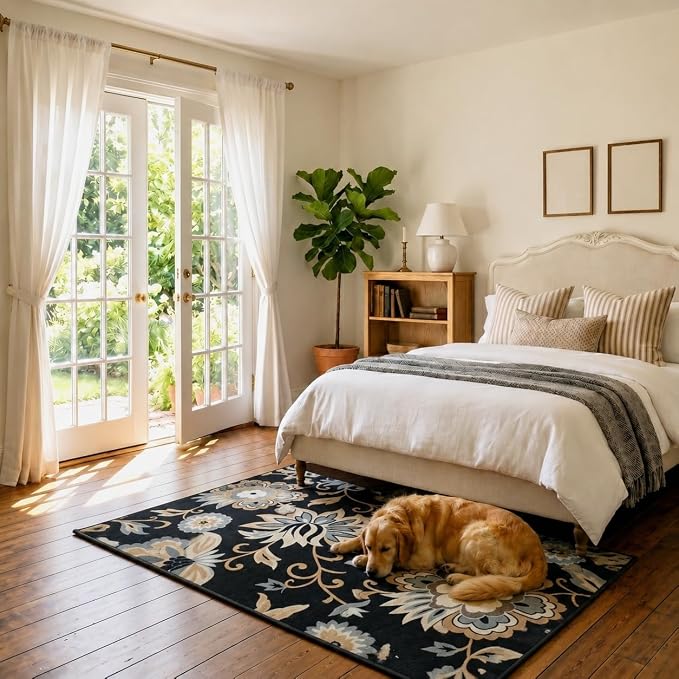 Black Floral Washable Rug 3x5, Ultra Thin Resistant Paisley Bedroom Rugs, Non-Slip Vintage Entryway Carpet, Boho Print, for Living Room, Kitchen, Office