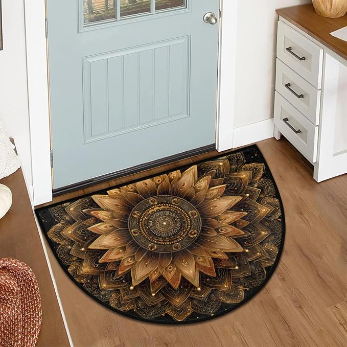 Mandala Golden Vintage Half Round Door Mat Non-Slip Semi Circle Rug Washable Half Moon Floor Rug Absorbent Bathroom Area Rugs for Outdoor Indoor Fireplace Mat Entryway Kitchen Decor Rugs