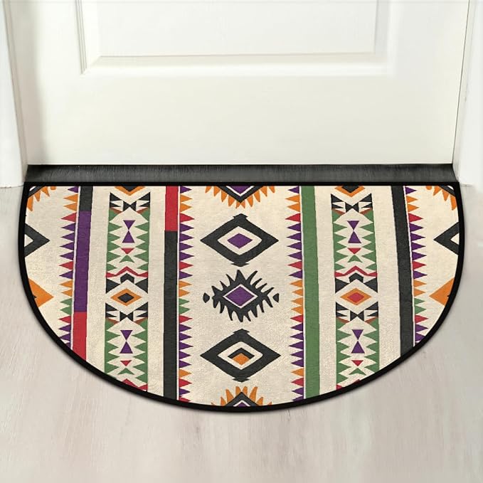 Ethnic Half Round Doormat Non-Slip Semi Circle Rug Half Moon Mat | Bohemia West Washable Soft Absorbent Indoor Outdoor Entrance Kitchen Bathroom Sink Patio Welcome Fireplace Floor Rug
