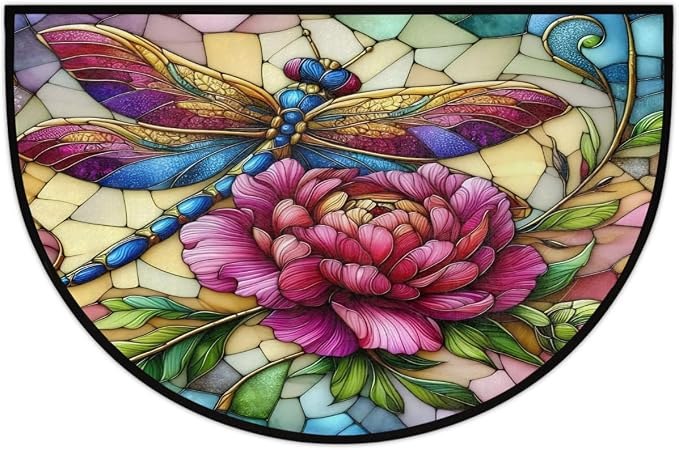 Dragonfly Half Round Door Mat Non Slip Half Circle Rugs | Art Rainbow Washable Half Moon Rug Semi Circle Rugs Indoor Entrance Floor Carpet for Kithen Bedroom Fireplace Decor