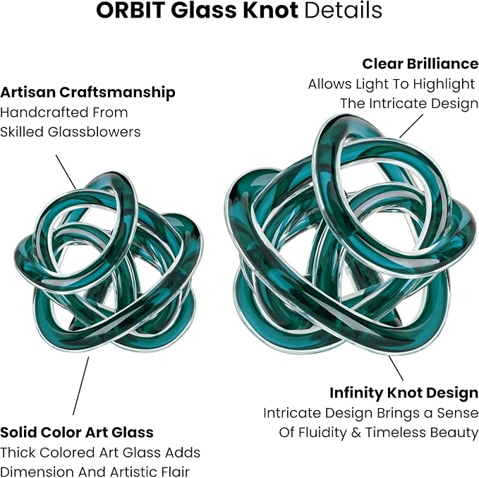 Torre & Tagus Orbit Hand Blown Glass Infinity Knot Sculpture - 4.5 Inch Glass Art Teal Knot Decor Ball for Home Decor, Small Centerpiece Table Decoration for Home Interior (Clear Teal)