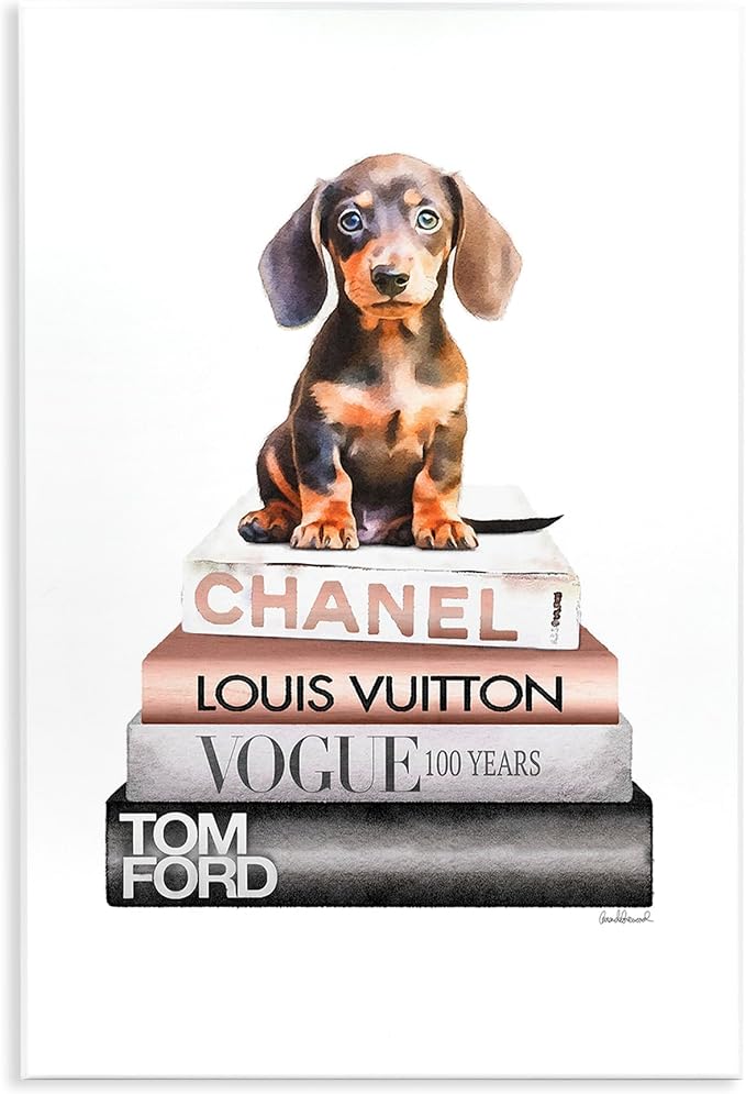 Dachshund Puppy Bookstack Glam, 10 x 15 Inch Mounted Print on Wall Plaque | Stupell Industries · By Amanda Greenwood · Ready to hang · Hand finished · Made in USA
