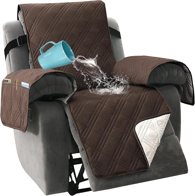 H.VERSAILTEX 100% Waterproof Oversized Recliner Cover 1-Piece Reversible Recliner Covers for Large Recliner with Elastic Straps Sitting Width Up to 28" (Oversized Recliner, Brown/Beige)