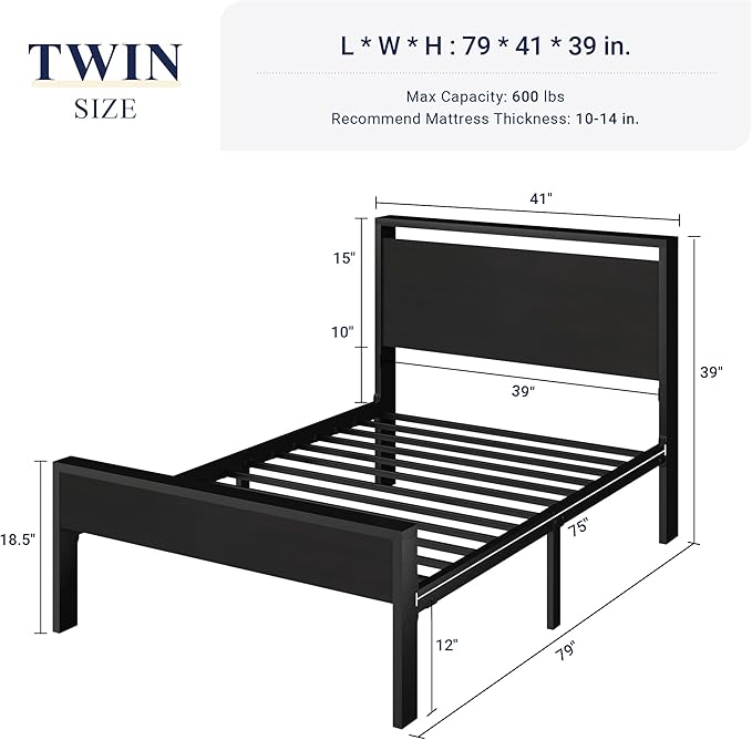 Allewie Twin Size Bed Frame, Heavy Duty 12 Metal Slats Support, Black Oak | Wooden Headboard and Footboard, Modern Platform Bed, No Box Spring Needed, Under-Bed Storage, Noise Free, Easy Assembly