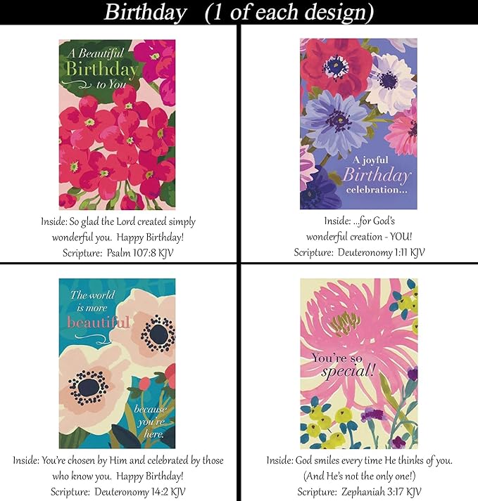 Birthday Cards ~ No Repeated Designs~ 32 Cards and Designs ~ Christian/Religious Greeting Card Assortment #1 ~ Scripture in every card ~ Envelopes Included