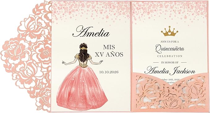 DORIS HOME Laser Cut Quinceanera Invitation Pockets, Pink, 5"x7" | 50pcs, With Envelopes, For Birthday Miss 15, Sweet 16, No Inserts Included