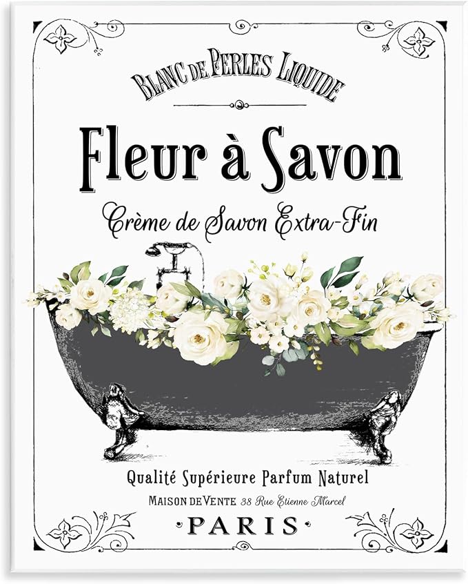 French Flower Bathtub Floral, 11 x 14 Inch Mounted Print on Wall Plaque | Stupell Industries · By Lettered and Lined · Ready to hang · Bathroom to bedroom decor · Made in USA