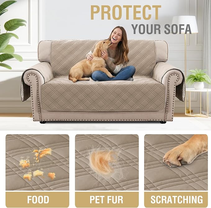 H.VERSAILTEX 100% Waterproof Loveseat Slipcovers Modern Couch Covers for 2 Cushion Couch Sofa Pet Friendly Thick Soft Couch Cover for Dogs with Elastic Straps (Loveseat, Taupe/Beige)