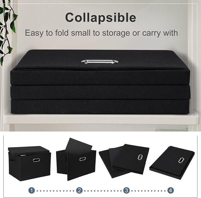 Graciadeco Large 17" 36 Quart Collapsible Stackable Storage Bins with Lids, 3 Packs Black Linen Fabric Closet Boxes with Lids, Storage Cube Baskets Container Organizers for Bedroom Office(17 x12 x11) | 36 Quart 3 Pack Black Collapsible Stackable Linen ...