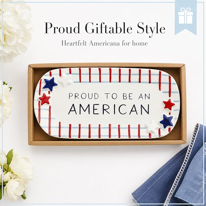 Mud Pie Blue Ceramic Plaid American Sentiment Tray