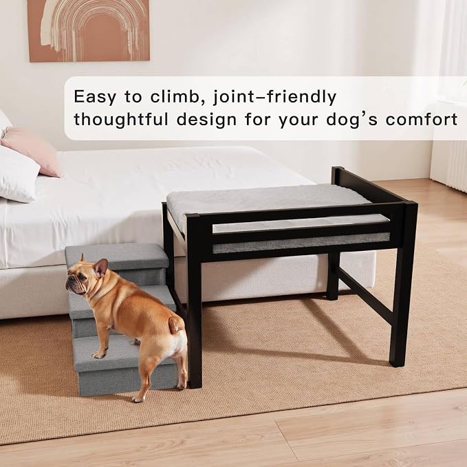 Bedside Dog Bed with Mattress - Raised Wooden Pet Cosleeper with Guardrail, Removable Mattress & 3-Step Foldable Stairs, Freestanding Bassinet-Style Elevated Dog Bed for Medium Sized Dogs