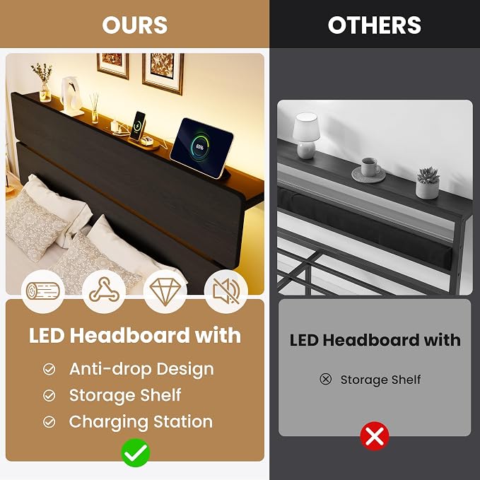 SHA CERLIN Queen Size Bed Frame, Led Light, Charging Station, Storage Shelf | Wooden Headboard, Heavy Duty Slats Support, Metal Platform Bed, Under Bed Storage, No Box Spring Needed, Noise Free, Black
