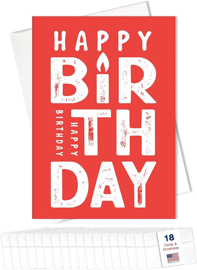 Happy Birthday Cards Bulk Greeting Card Set (Candle) 18 Pack & White Envelopes - 5x7 Inch Birthday Theme for Family, Women, Men, Coworkers & Office (B2409)