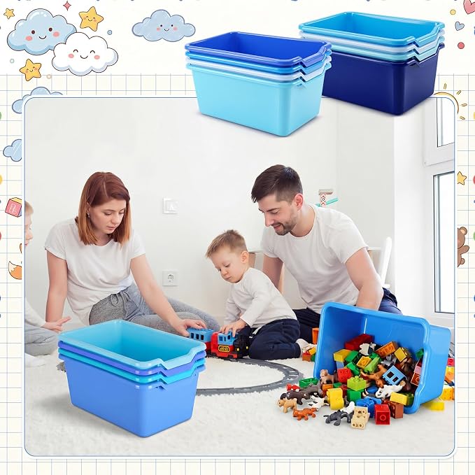 Dandat 32 Pcs Plastic Book Bins for Classroom Library Cubby Bins Scoop Front Stackable Toy Storage Tubs Containers for School Office Home Nursery Playroom Organization (Blue Series)