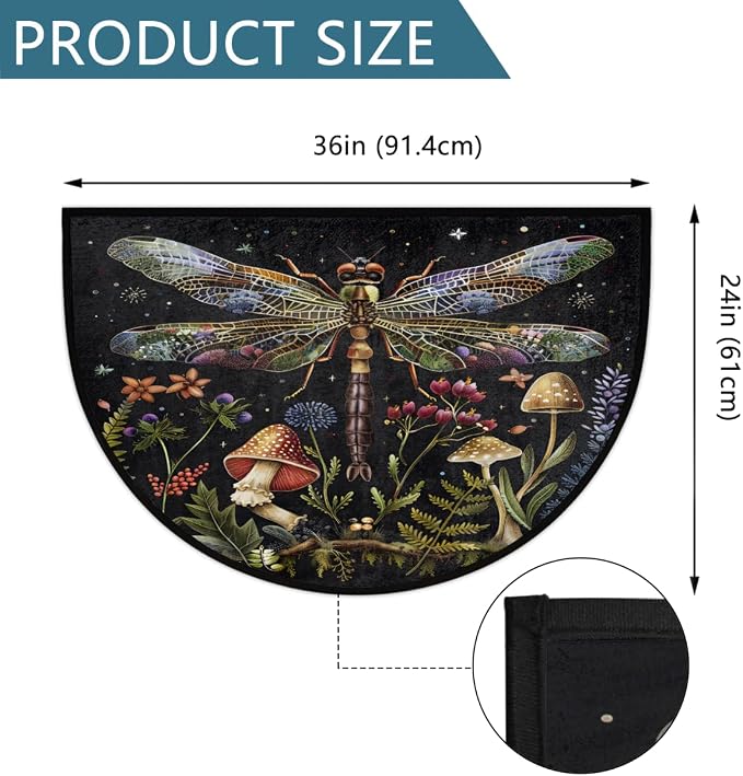Dragonfly Half Round Door Mat Outdoor Doormat Bedroom Entrance Rug A10 | Dragonfly Mushroom Flower Semi Moon Door Mat Non-Slip Absorbent Kitchen Rug Indoor Welcome Bath Mat 36" X 24"