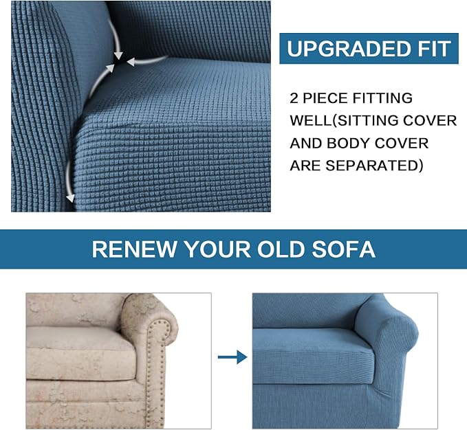 H.VERSAILTEX 2 Piece Loveseat Slipcovers 2 Cushions Loveseat Cover Furniture Cover/Protector with Elastic Bottom, Spandex Jacquard High Stretch Stylish Suit for T Cushion/Box Cushion- Dusty Blue