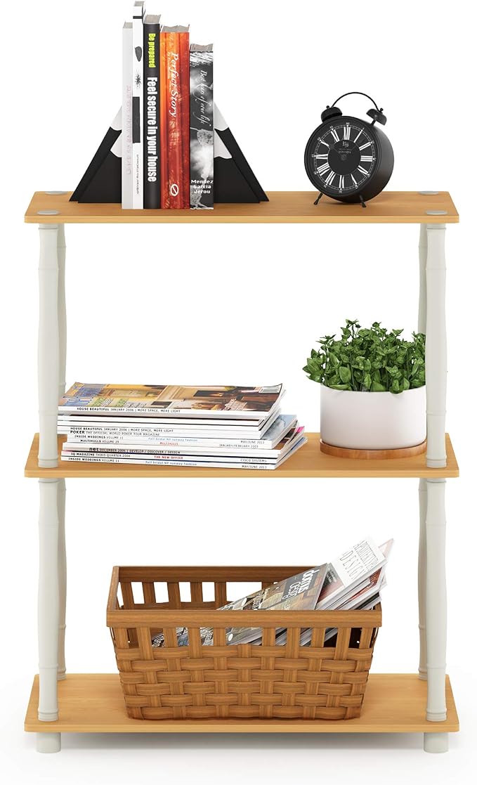 Furinno Turn-N-Tube 3-Tier Compact Multipurpose Shelf Display Rack with Classic Tube, Beech/White | Open Frame Corner Shelf, for Organization and Storage, Living Room, Garage, Home Office