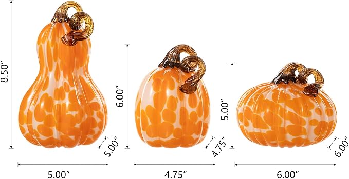 Glitzhome Set of 3 Hand Blown Glitter Glass Pumpkins - Fall Decor for Halloween & Thanksgiving Handmade Table Accent Harvest Home Decor, Orange Dots