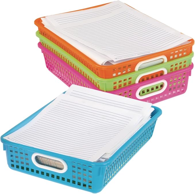 Really Good Stuff Multi-Purpose Small Desktop Paper Storage Baskets | 14" x 10" x 3.25", Set of 4, Neon Group Colors, Classroom Organization, Stackable Mesh Plastic Baskets with Grip Handles