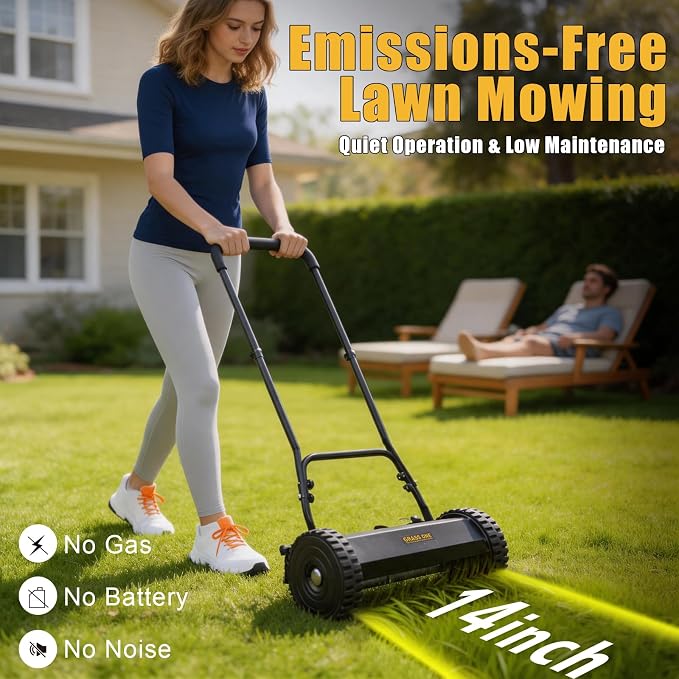 14-Inch Reel Lawn Mower, 5-Blade Manual Push Grass Cutter | 5 Cutting Heights, Durable 65Mn Steel Blades, Quiet Eco-Friendly Operation, Suitable For Small Yard