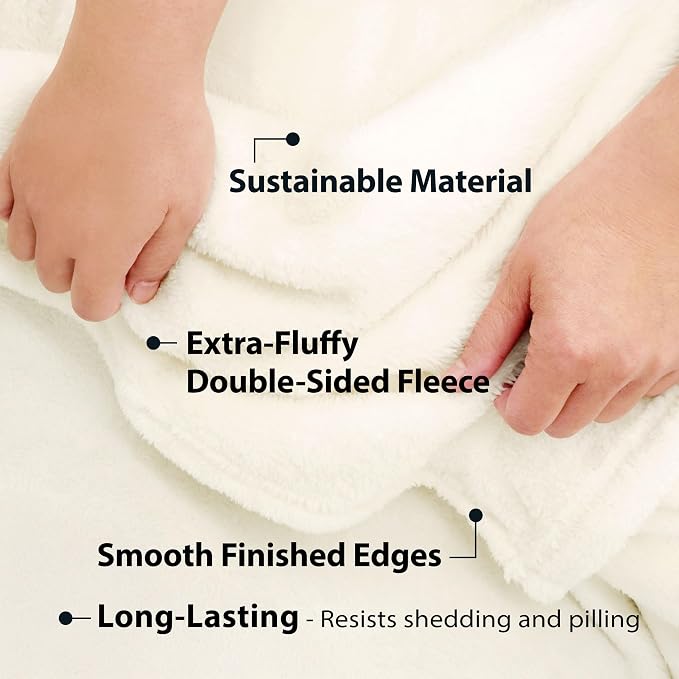 DEZ FURNISHINGS Ultra Soft Plush Fleece Throw Blanket, Double Sided Cozy Thick Warm Blanket for Sofa & Bed, Throw XL (60" x 70"), Ivory